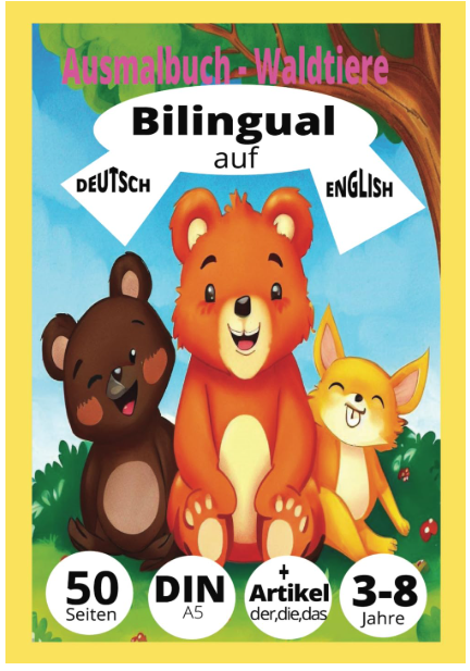 Ausmalbuch mit der Bildbeschreibung auf Deutsch und Englisch