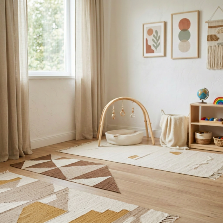 Montessori-style playroom with wooden shelves holding colorful toys, books, plants, and educational materials
